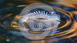 A lone ciliate adorned with shimmering scales gliding elegantly through a pool of reflective liquid. .