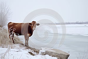 lone cow standing at the edge of an icecovered field, steaming breath