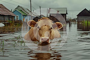 A lone cow swimming through floodwater, in a submerged village, themes of environmental crisis, flooding disasters photo