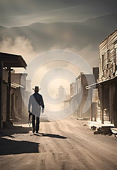 a lone cowboy walking down the dirt road in a western town