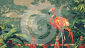 A lone cybernetic flamingo stands among ancient jungle ruins, vibrant feathers contrasted with rusty metal parts photo