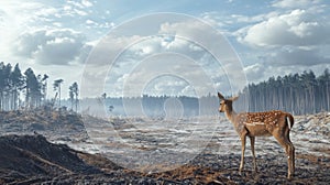 A lone deer stands in a forest devastated by fire