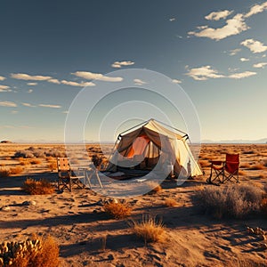 Lone desert retreat Camping in arid emptiness, a remote escape from society