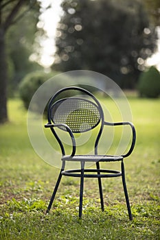 Lone designer chair in the park on the lawn