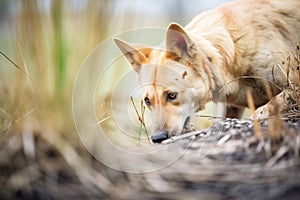 lone dingo stalking prey in a bush