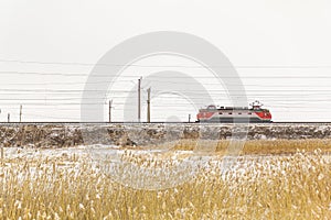 A lone electric train without wagons moves along the railway past yellow grass against the backdrop of white snow