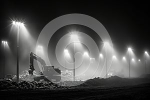 A lone excavator sits idle under bright lights at a construction site at night