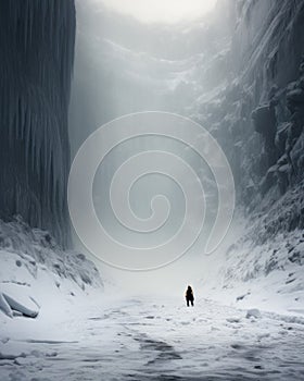 Lone Explorer in Snowy Mountain Pass at Dusk. Generative AI