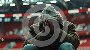 A lone fan sat with their head in their hands devastated as they watched their team lose in a heartbreaking defeat