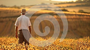 A lone farmer tends to crops back facing the camera as works tirelessly under the warm sun. The quiet determination on .