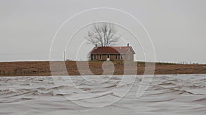 Lone farmhouse sits on a small hill completely surrounded by water as flood levels quickly increase