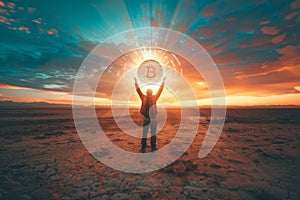 lone figure holding glowing bitcoin empor, against desolated landscape