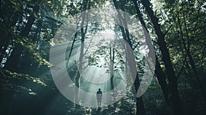 A lone figure navigates through a dense forest silhouette highlighted by beams of sunlight filtering through the canopy