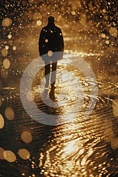 A lone figure, in silhouette, walks confidently through a downpour in the dark of night