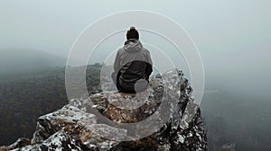 A lone figure sits atop a rocky outcrop gazing out into the vast and untamed landscape before them oblivious to the