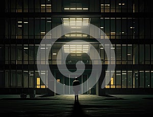 A lone figure standing in an illuminated office building late at night. AI generation