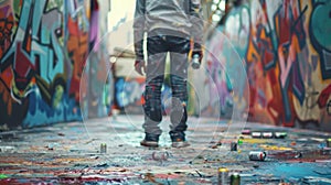 A lone figure stands with back to the camera paintsplattered hands clutching a can as they carefully add the finishing .