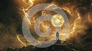 A lone figure stands on a mountaintop surrounded by a swirling vortex of symbols and sigils carved into the earth and photo