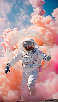 A Lone Figure Stands Out in a Classic White Astronaut Suit. Against a Smoke Like Cloud of Blue, Pink and Orange Backdrop