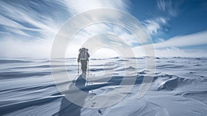 A lone figure trudging through waistdeep snow in a frozen tundra backpack weighed down with supplies. The frigid winds photo