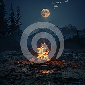 A lone fire burns in the night, its warmth fighting the moonlit obscurity of the surrounding wilderness