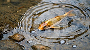 A lone fish desperately gasping for air in a tiny puddle where a vibrant stream once flowed
