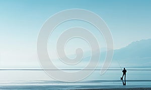 A lone fisherman with his fishing rod on the beach in a wide shot, minimalistic, with a soft blue sky and pastel colors