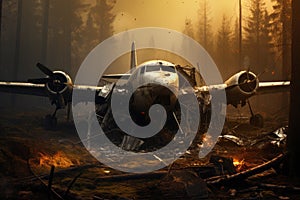A lone, forgotten aircraft is left stranded and immobile, resting atop the patch of soil, The plane crashed to the ground, AI