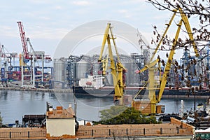 A lone full-turn crane on the background of a grain storage tank in the port of Odessa