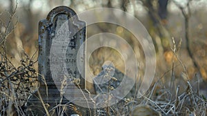 A lone grave marker standing stoically in the midst of a desolate cemetery its inscription worn away by time.