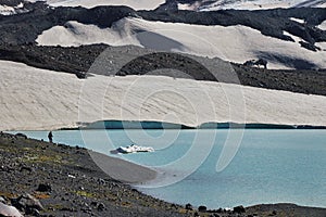 A lone hiker by a glacial lake with icebergs, snow-capped slopes behind, and a striking blue meltwater pool reflecting the harsh