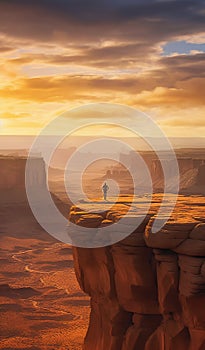 Lone Hiker Walking Precariously in Utah Canyonlands National Park at Sunset. Generative ai