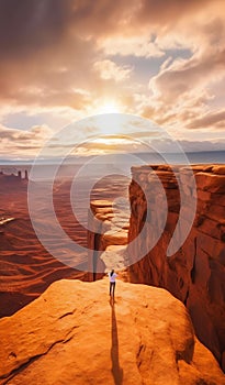 Lone Hiker Walking Precariously in Utah Canyonlands National Park at Sunset. Generative ai