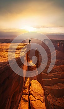 Lone Hiker Walking Precariously in Utah Canyonlands National Park at Sunset. Generative ai