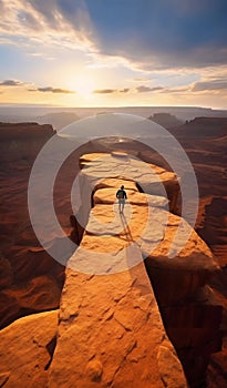 Lone Hiker Walking Precariously in Utah Canyonlands National Park at Sunset. Generative ai