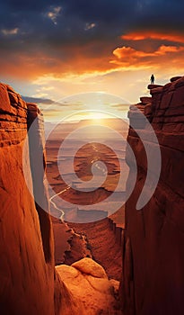 Lone Hiker Walking Precariously in Utah Canyonlands National Park at Sunset. Generative ai