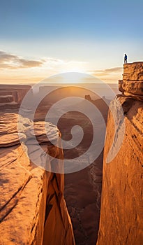 Lone Hiker Walking Precariously in Utah Canyonlands National Park at Sunset. Generative ai