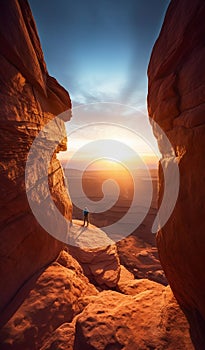 Lone Hiker Walking Precariously in Utah Canyonlands National Park at Sunset. Generative ai