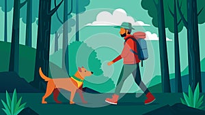 A lone hiker walks through the woods with their AI dog companion by their side alert and watchful for any potential