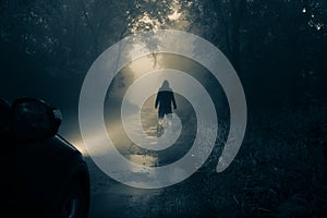 A lone, hooded figure standing in front of a car looking at an empty misty country road silhouetted at night by car headlights