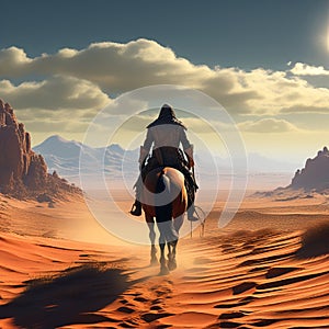 a lone horse rider navigating a vast desert landscape under the scorching sun trending on artstat