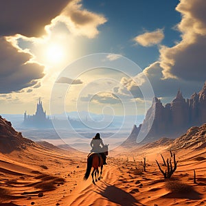 a lone horse rider navigating a vast desert landscape under the scorching sun trending on artstat