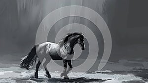 A lone horse wades through water amidst a moody and stark landscape, painted in a chiaroscuro style with deep contrasts