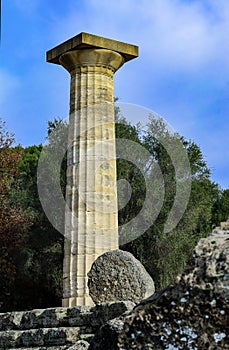 Lone huge existing pillar of the Temple of Zeus at ancient runis in Olympia Greece - site of the first Olympics