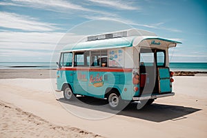 A lone ice cream van parked beside an empty beach