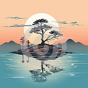 Lone Island Tree: A Richly Colored Japanese-inspired Illustration