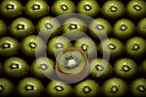 Lone kiwi slice stands out amid a cluster of whole kiwis