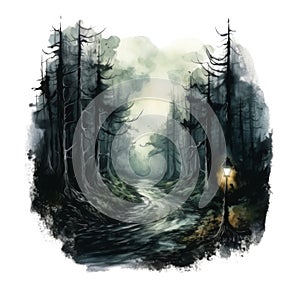 A lone lantern illuminates a winding path through a dark, foreboding forest photo