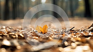 A lone leaf on the ground in a forest with trees, AI