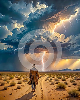 Lone man walking alone along long and dusty road